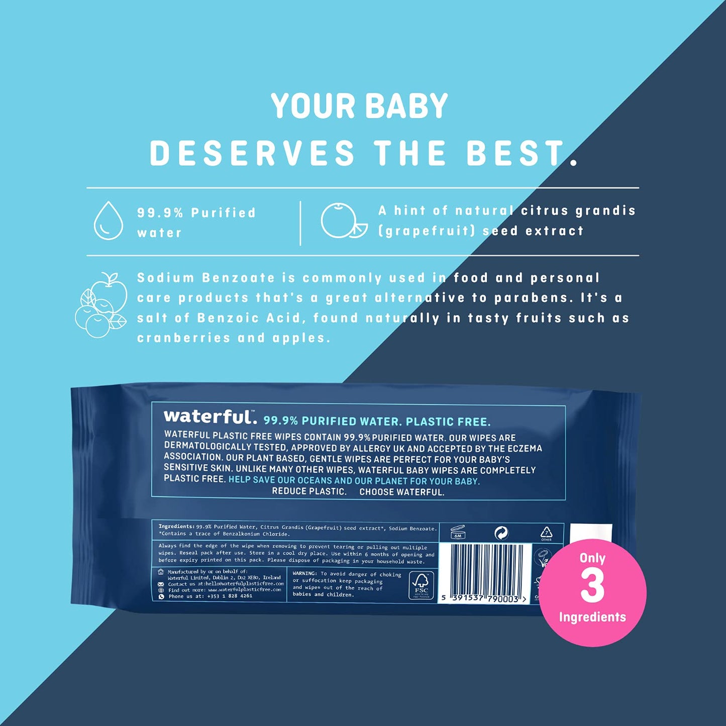 Waterful Plastic Free Baby Wipes 60s (3 x packs)